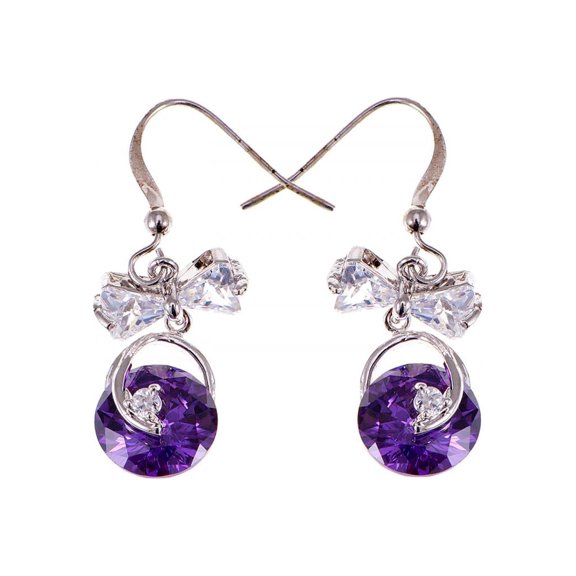 Silver Tone Dangling Piercing Circle Bowtie Zircon Crystal Element Earrings