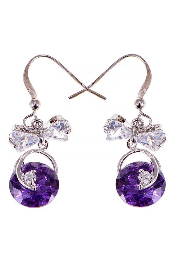 Silver Tone Dangling Piercing Circle Bowtie Zircon Crystal Element Earrings