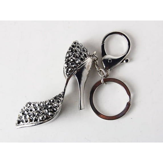 Silver Tone Dark Grey Crystal Rhinestone Lady Stiletto Heel Shoe Hook Keychain
