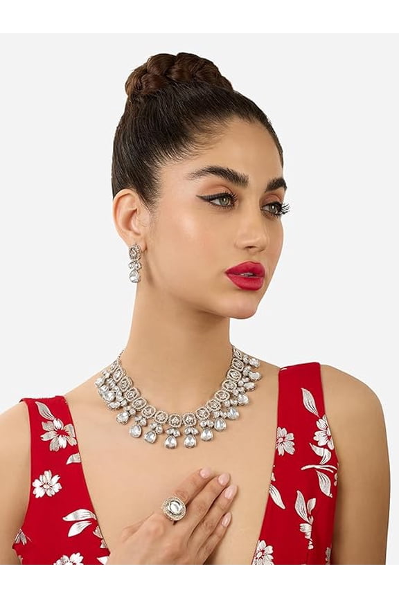 Silver Tone Dazzling Stones Austrian Diamonds Embellished Necklace Earring & Ring Set For Women-