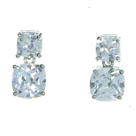 Silver-Tone Double Square Shaped Post Earrings With CZ Accent For Women 36CZ9364A