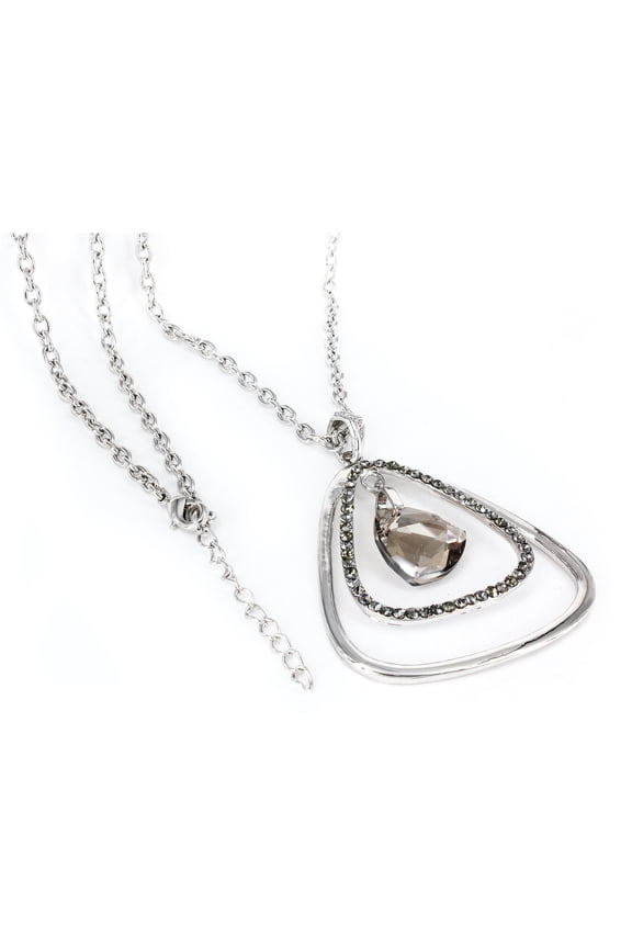 Silver-Tone Dual Open Triangle Opera Necklace with Dangling AB Grey Crystal - 28" + 2" Extender-NE-12233BD-WM