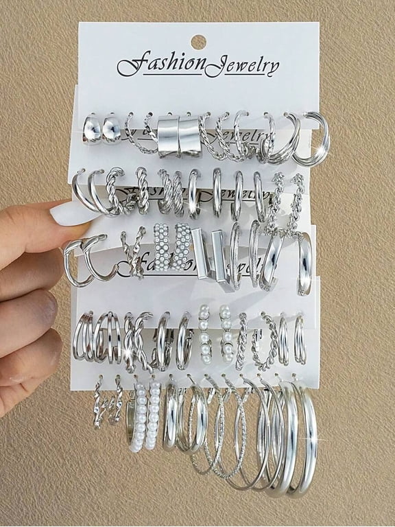 Silver Tone Earring Set - 12-60pcs Elegant Faux Pearl & Hoop Earrings for Daily, Office & Special Occasions