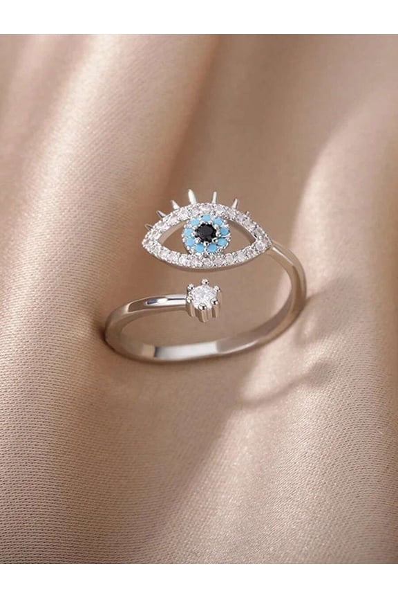 Silver-Tone Evil Eye Cubic Zirconia Open Ring With Blue And Black Stone For Women
