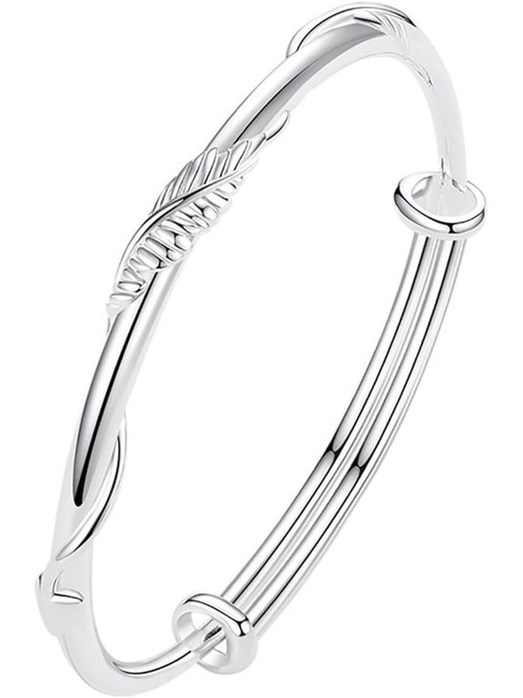 Silver-Tone Feather Textured Cuff Bracelet for Women - Adjustable Open Bangle with Carved Leaf Detail, Elegant Stackable Jewelry for Everyday Wear, Gift for Her