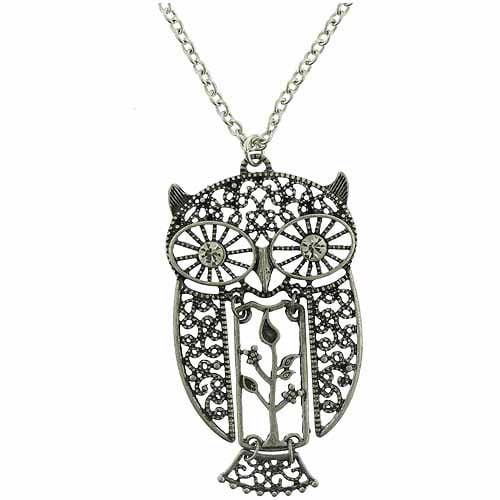 Silver-Tone Filigree Owl Fashion Necklace, 30"