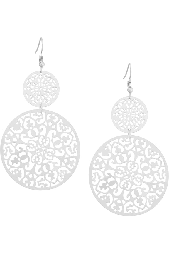Silver Tone Filigree Round Disc Dangle Drop Earrings, Vintage Fashion Statement Jewelry Gift for Women