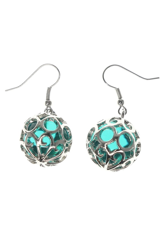 Silver-Tone French Hook Dangle Earrings With Ornately Accented Green Ball TME733
