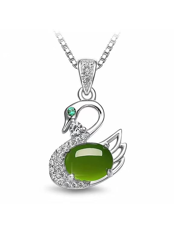 Silver Tone Green Jade Swan Pendant Necklace for Women, Cubic Zirconia Pave Swan Necklace with Box Chain, Elegant Animal Pendant Jewelry Gift
