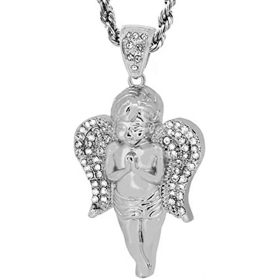 Silver Tone Guardian Angel Men's Pendant with 30" Rope Chain