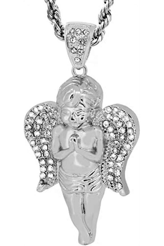 Silver Tone Guardian Angel Men's Pendant with 30" Rope Chain