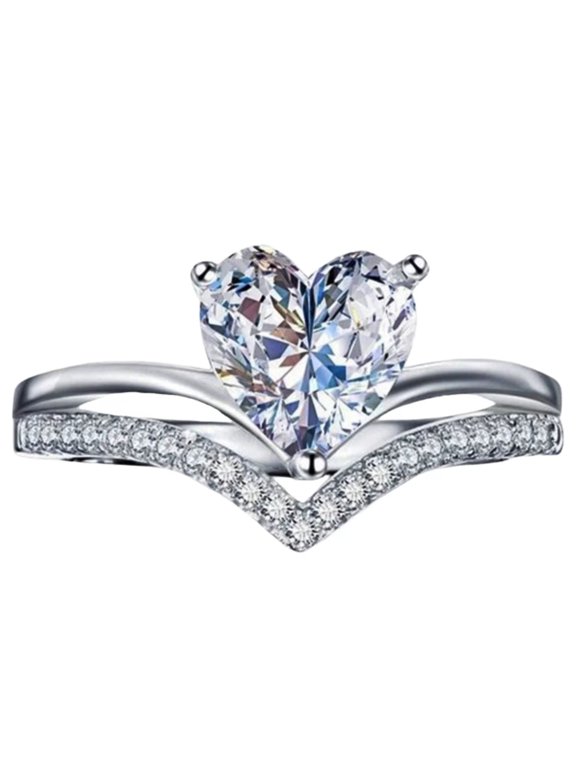 Silver Tone Heart Cut Cubic Zirconia Double Band Ring for Women, Pave V-Shape Split Shank Engagement Promise Ring, Bridal Anniversary Jewelry Gift