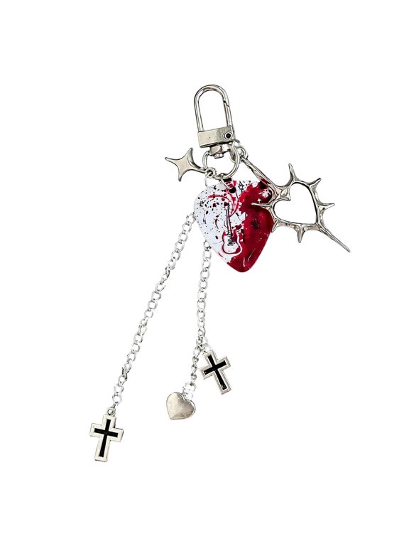 Silver-Tone Heart Keychain with Guitar Pick, Alloy Construction, and Chain Hardware, Gothic Punk Keyring, Purse Charm for Adding a Decorative Accent to Carry Items
