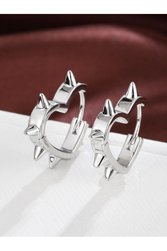 Silver Tone Heart-Shaped Spike Hoop Earrings With Rivet Detail For Adults