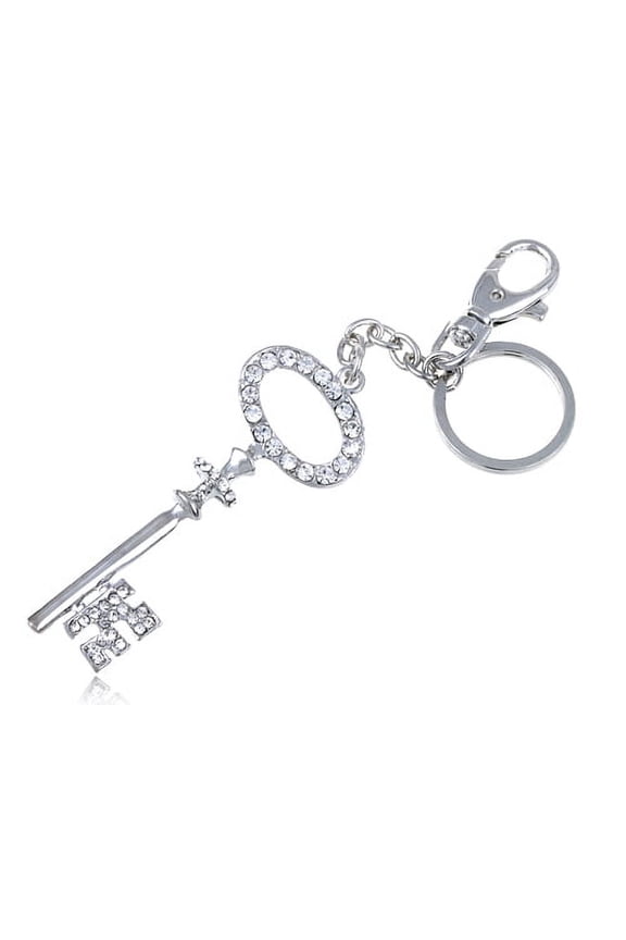 Silver Tone Iced Bling Crystal Rhinestone Retro Skeleton Key Hook Clip Keychain