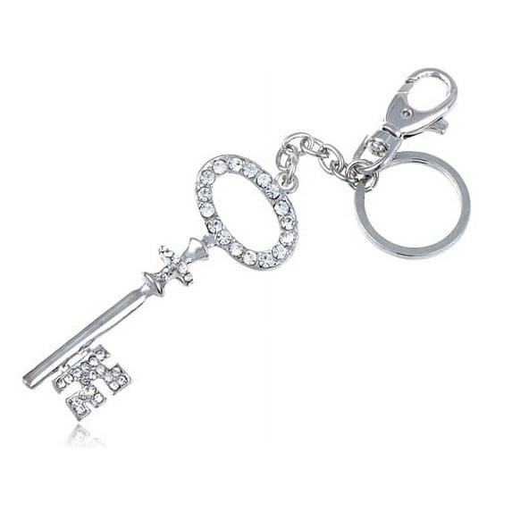 Silver Tone Iced Bling Crystal Rhinestone Retro Skeleton Key Hook Clip Keychain