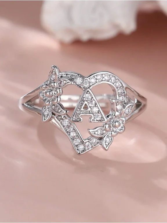 Silver Tone Initial Heart Ring With Cubic Zirconia Floral Design