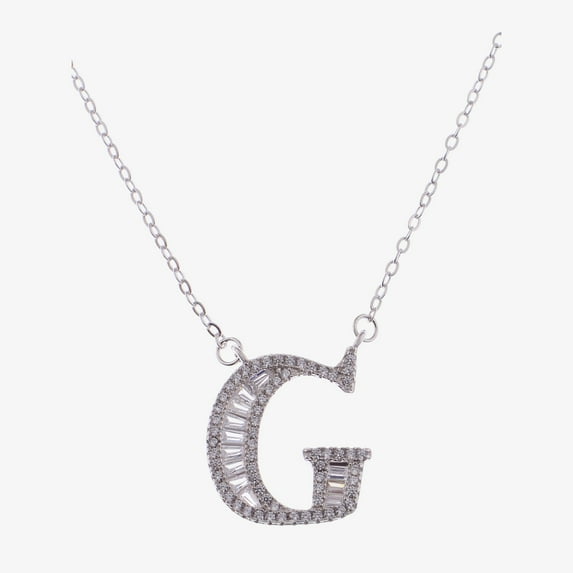 Silver Tone Initial Letter Pendant Necklace with Crystal Rhinestone Accents - One Size Fits Most, Silver-G