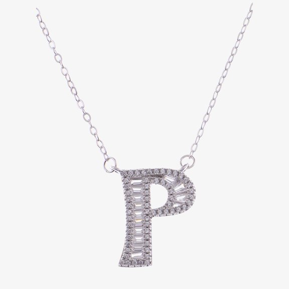 Silver Tone Initial Letter Pendant Necklace with Crystal Rhinestone Accents - One Size Fits Most, Silver-P