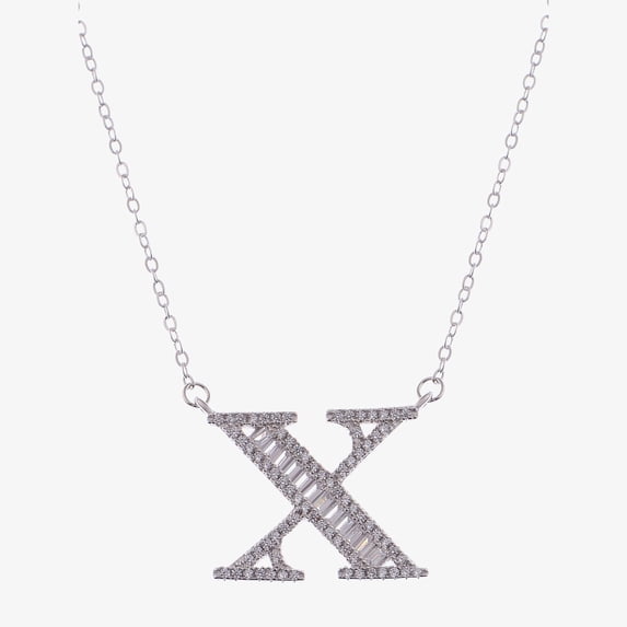 Silver Tone Initial Letter Pendant Necklace with Crystal Rhinestone Accents - One Size Fits Most, Silver-X