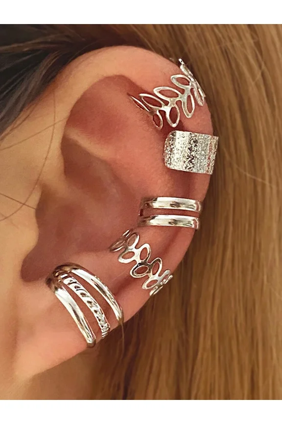 Silver Tone Leaf & Cuff Ear Climber Set, 5-Piece No Piercing Earring