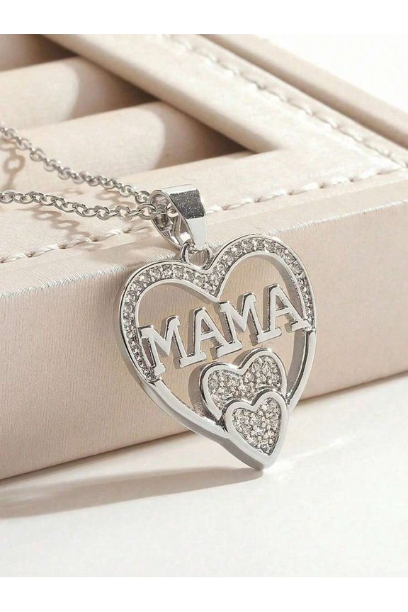 Silver Tone MAMA Heart Pendant Necklace With Pave Crystal Hearts