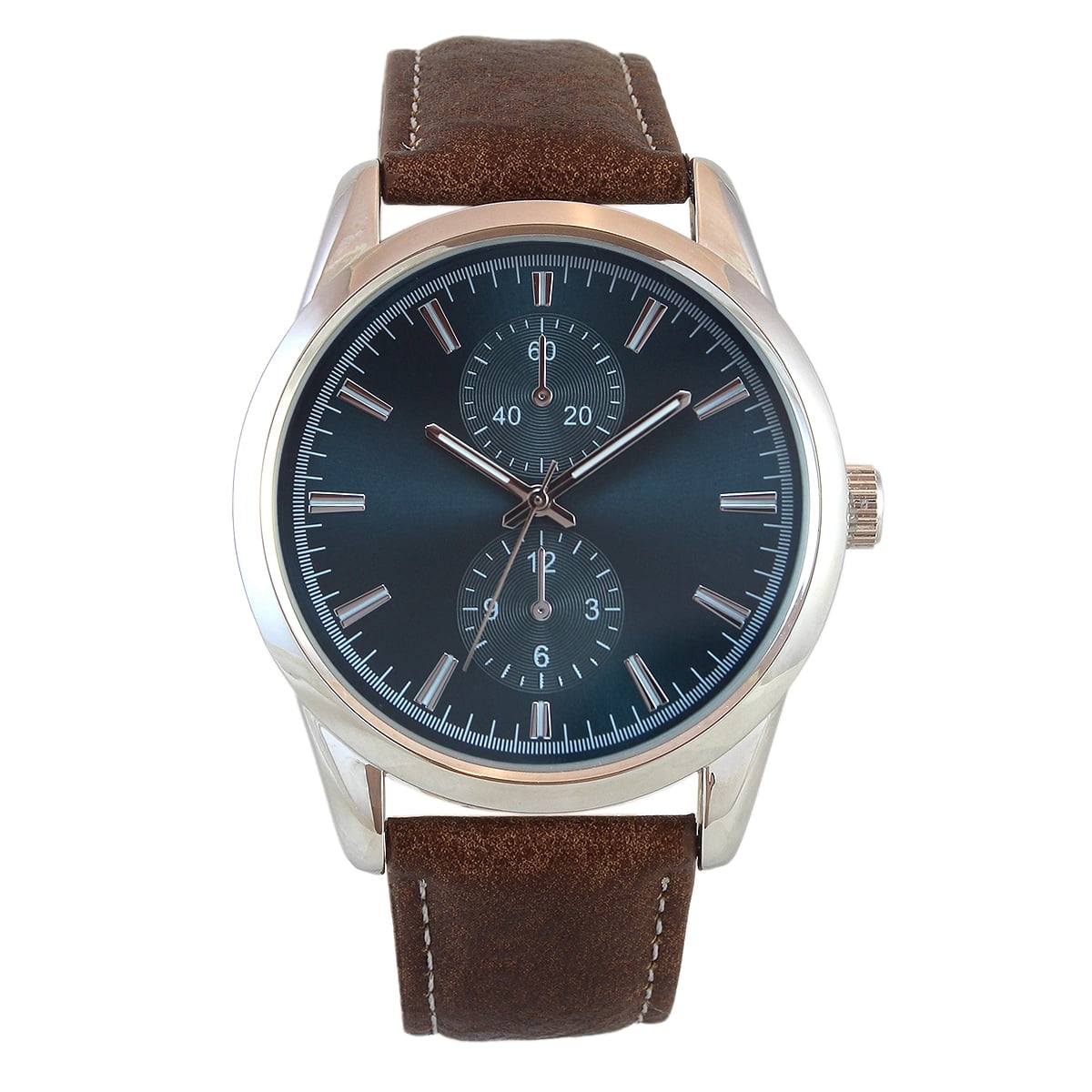 Silver Tone Men's 41mm Teal Blue DIal Brown Strap Watch. Adults 13+
