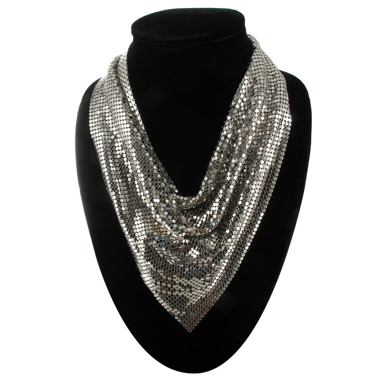 Silver Tone Mesh Metal Sequined Choker Scarf Necklace Ladies Adult