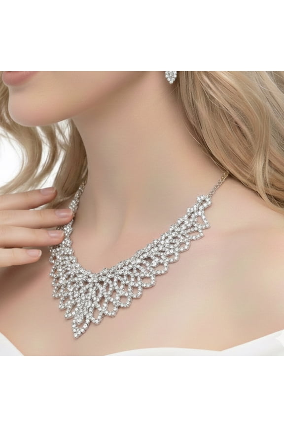 Women's Silver-Tone Rhinestone Statement Necklace & Drop Earring Set | Elegant Bridal, Formal & Party Fashion Jewelry Set