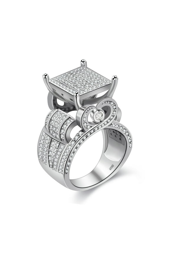 Silver Tone Micro Cubic Zirconia Pave Square Cocktail Ring, Fashion Wide Band Ice Out Hip Hop Ring RA0221 (Silver, size 12)