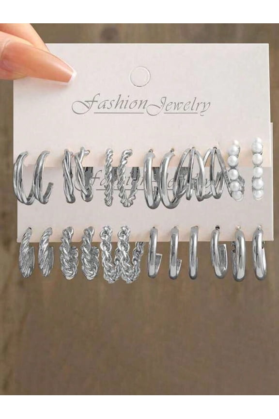 Silver Tone Mixed Hoop & Twisted Earring Set With Faux Pearls, 24 Pieces