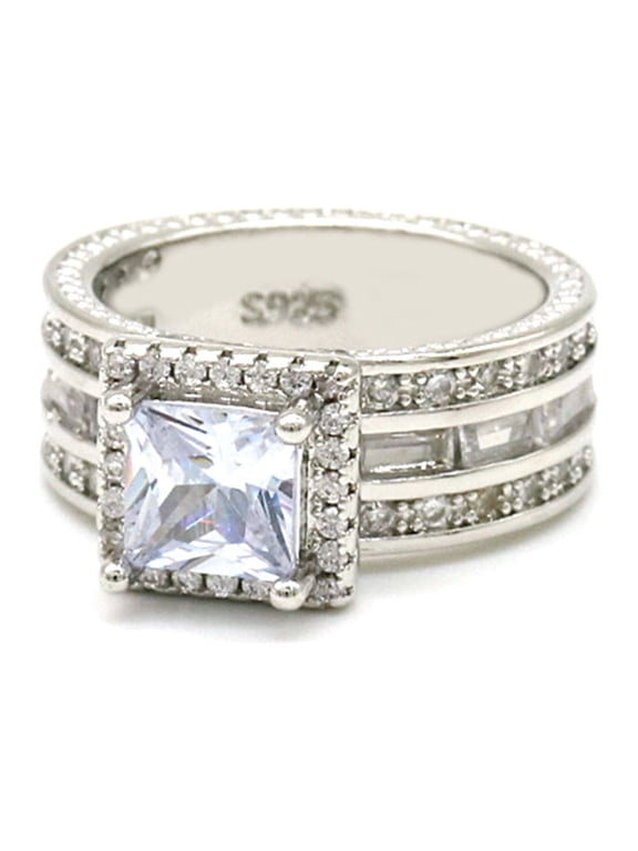 Silver-Tone Mult-Cut Three Row Engagement Ring with Genuine Crystals