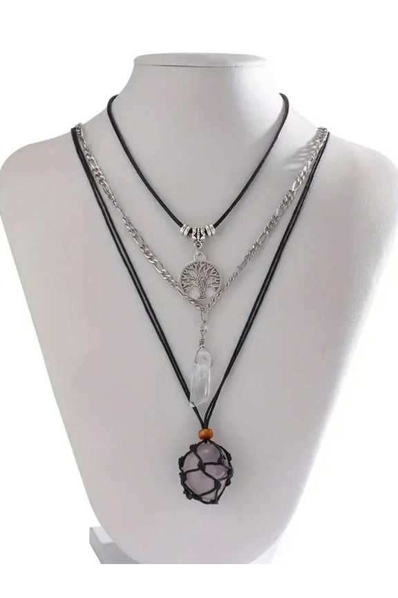 Silver Tone Multi-Layer Tree Of Life & Macrame Stone Pendant Necklace Set For Women