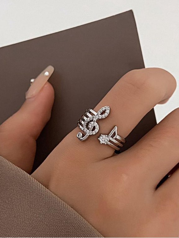 Silver Tone Musical Note Ring With Crystal Accents For Women