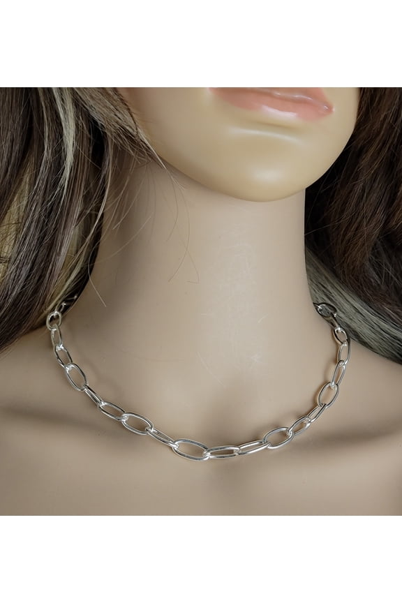 Silver Tone Narrow Cable Chain Choker Necklace Womens Adult Fashion