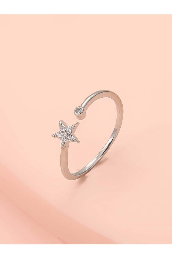 Silver Tone Open Star Ring With Rhinestone Accents For Women Daily Wear
