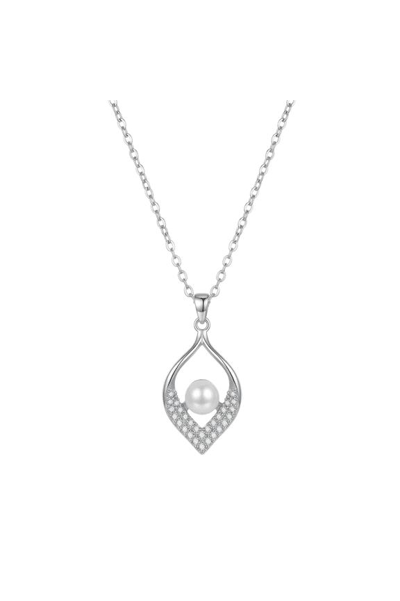Silver-Tone Open Teardrop Pendant Necklace with Pearl Center and Crystal Pave Detailing, Classic Women's Necklace Gift Jewelry