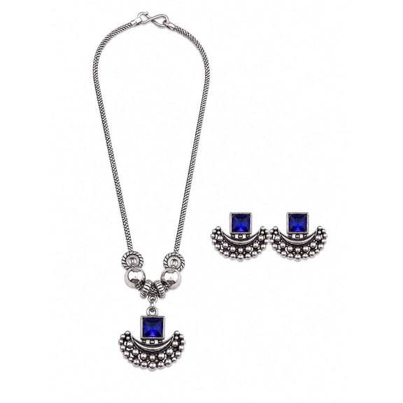 Silver-Tone Oxidized Necklace Set with Matching Earrings, Blue Stone Statement Jewelry for Women, Traditional Fashion Jewelry Set (Blue)