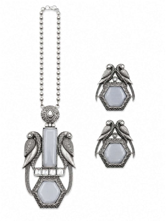 Silver-Tone Oxidized Necklace Set with Matching Earrings, Statement Pendant Jewelry for Women, Traditional Vintage Style, White Stone Design