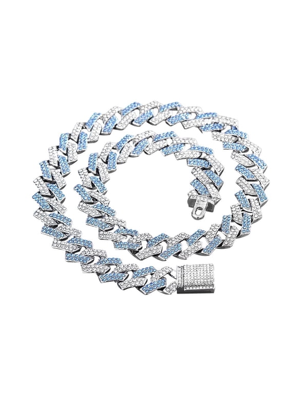 Silver Tone Plated Bling Miami Cuban Link Chain for Men Women Iced Out Miami Cuban Necklace Simulated Crystal Chain for Men 14mm Colorful Hip Hop Costume Fashion Chain