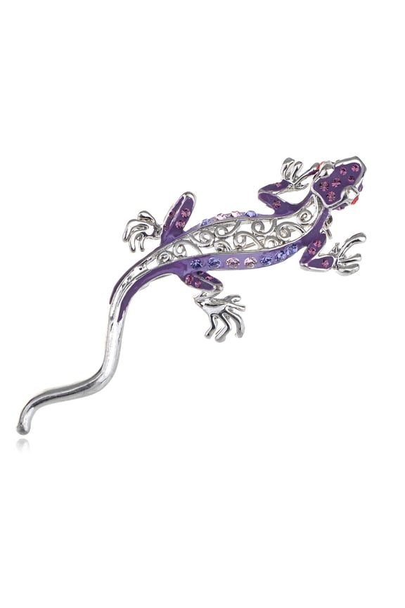 Silver Tone Purple Crystal Rhinestone Crawl Gecko Animal Pin Brooch