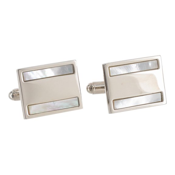 Silver Tone Rectangle Mother Of Pearl Accent Hinge Toggle Back Cufflinks Mens Adult Male