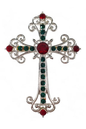 Silver Tone Red Green Rhinestone Christmas Ornate Cross Brooch Pin 2 5/8"
