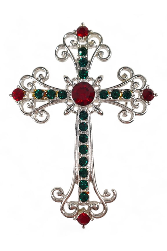 Silver Tone Red Green Rhinestone Christmas Ornate Cross Brooch Pin 2 5/8"