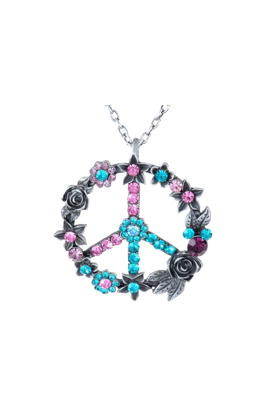 Silver Tone Retro Flower Crystal Rhinestone Hippie Peace Symbol Pendant Necklace, Blue Pink
