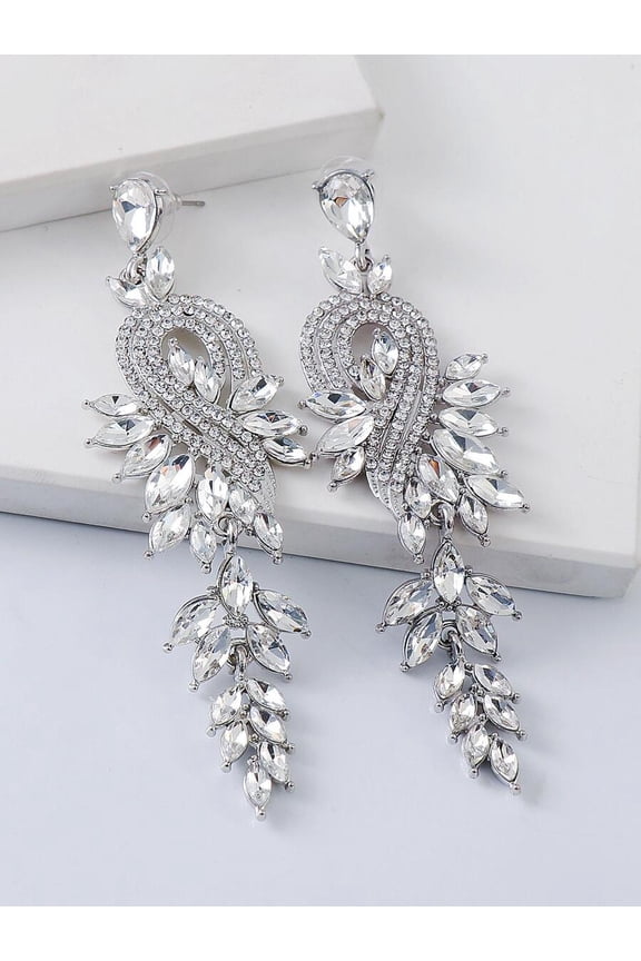 Silver Tone Rhinestone Leaf Drop Earrings For Women