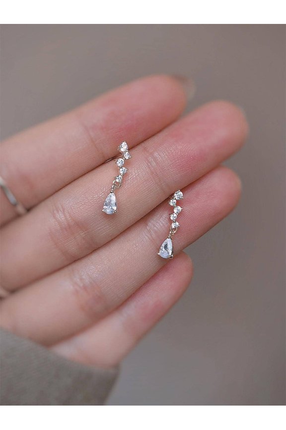 Silver Tone Rhinestone Teardrop Dangle Earrings For Women