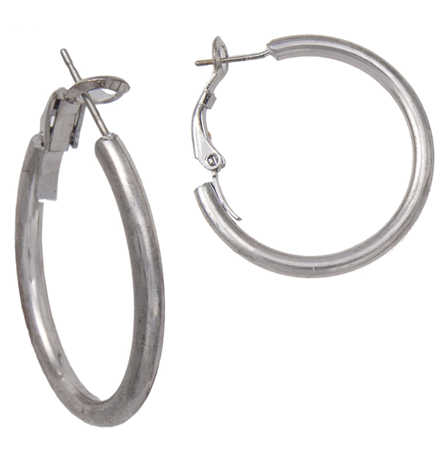 Silver Tone Round Hoop Pierced Earrings Surgical Steel Post 1 1/4