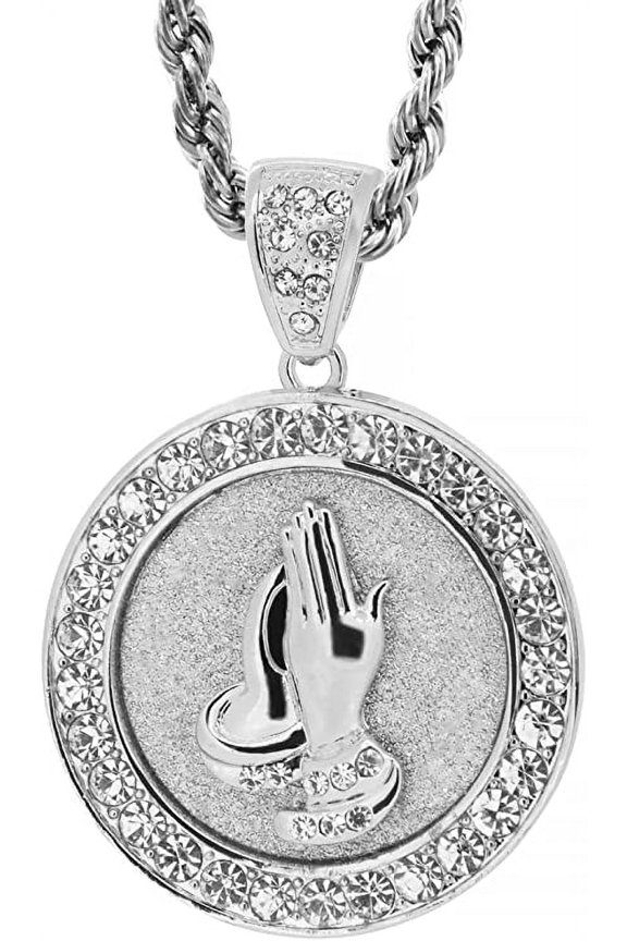 Silver Tone Round Praying Hands Pave Pendant with 30" Rope Chain