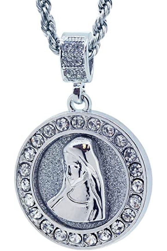 Silver Tone Round Virgin Mary Pave Pendant with 24" Rope Chain 3109